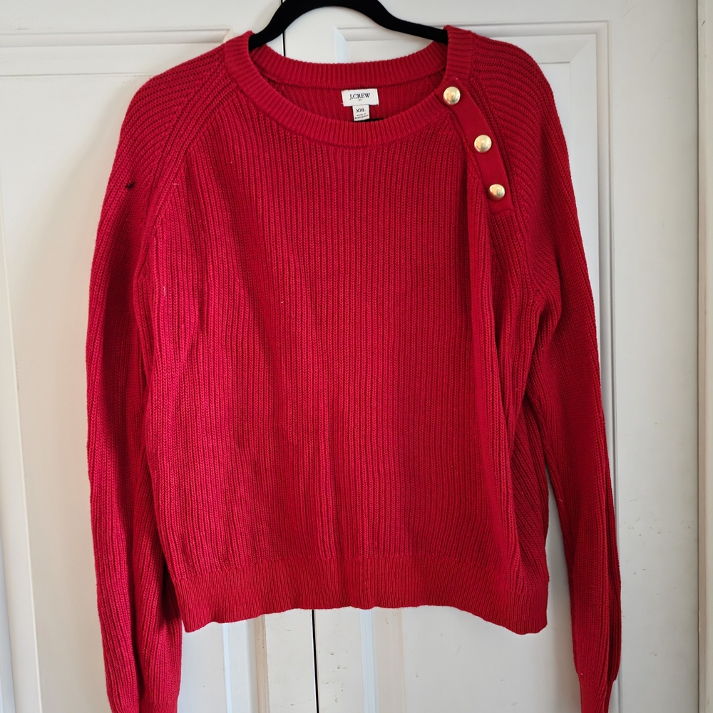 J. Crew Bright Red Ribbed Crewneck Sweater with Gold Buttons